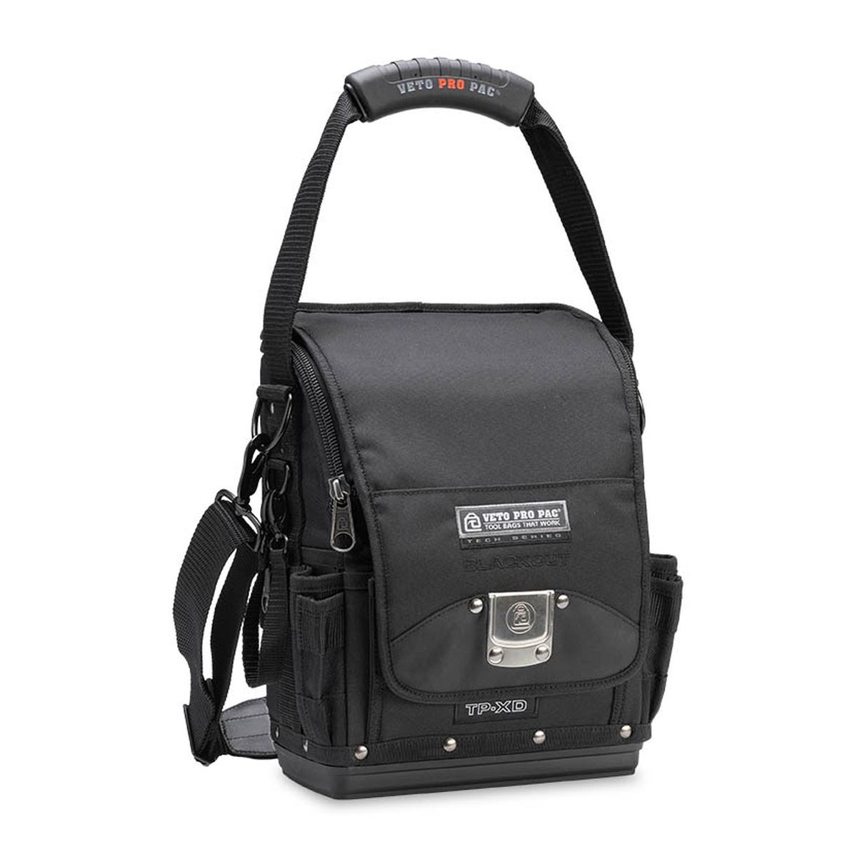 Veto Pro Pac TP-XD Blackout Closable Mid-Sized Tool Pouch closed and upright with shoulder strap, showing compact carry design for service technicians