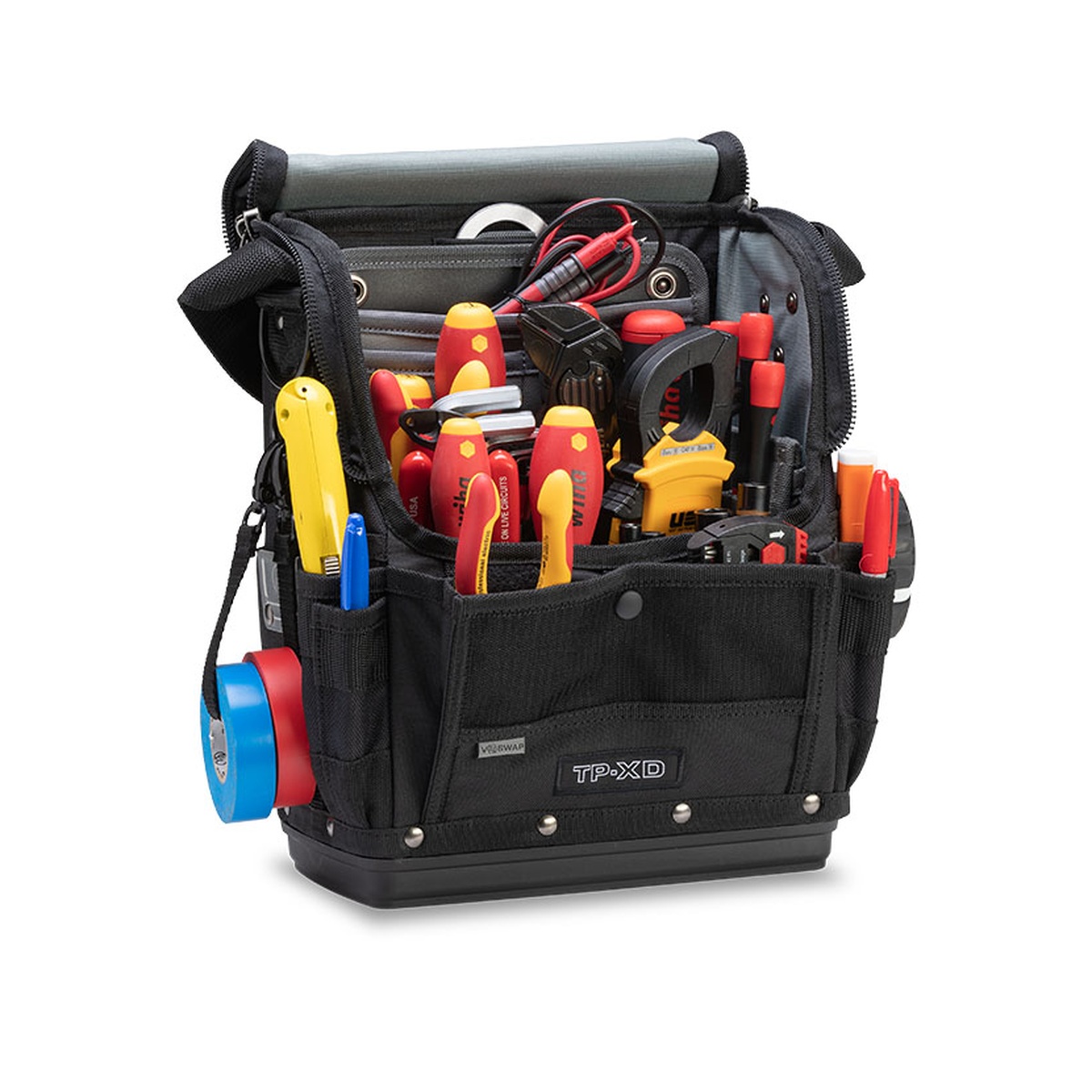 Veto Pro Pac TP-XD Blackout Closable Mid-Sized Tool Pouch loaded with insulated hand tools, test leads, tape, and service gear for electrical and HVAC work
