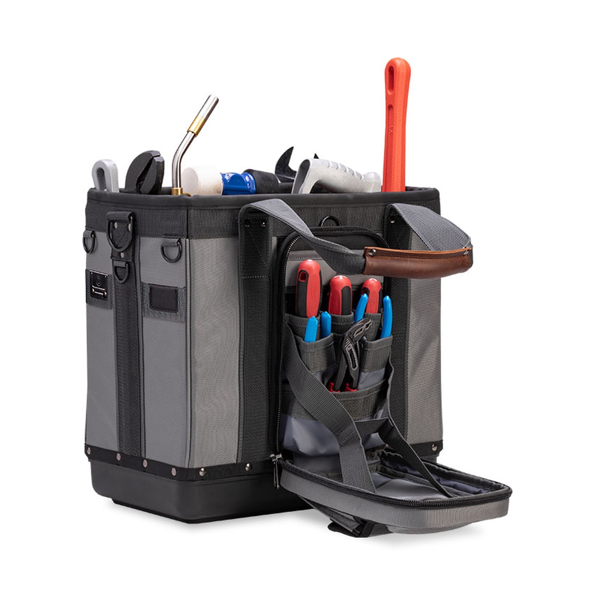 Veto Pro Pac WRENCHER-XL open top plumbing bag showing removable pocket panel opened with hand tools organized for plumbing service work