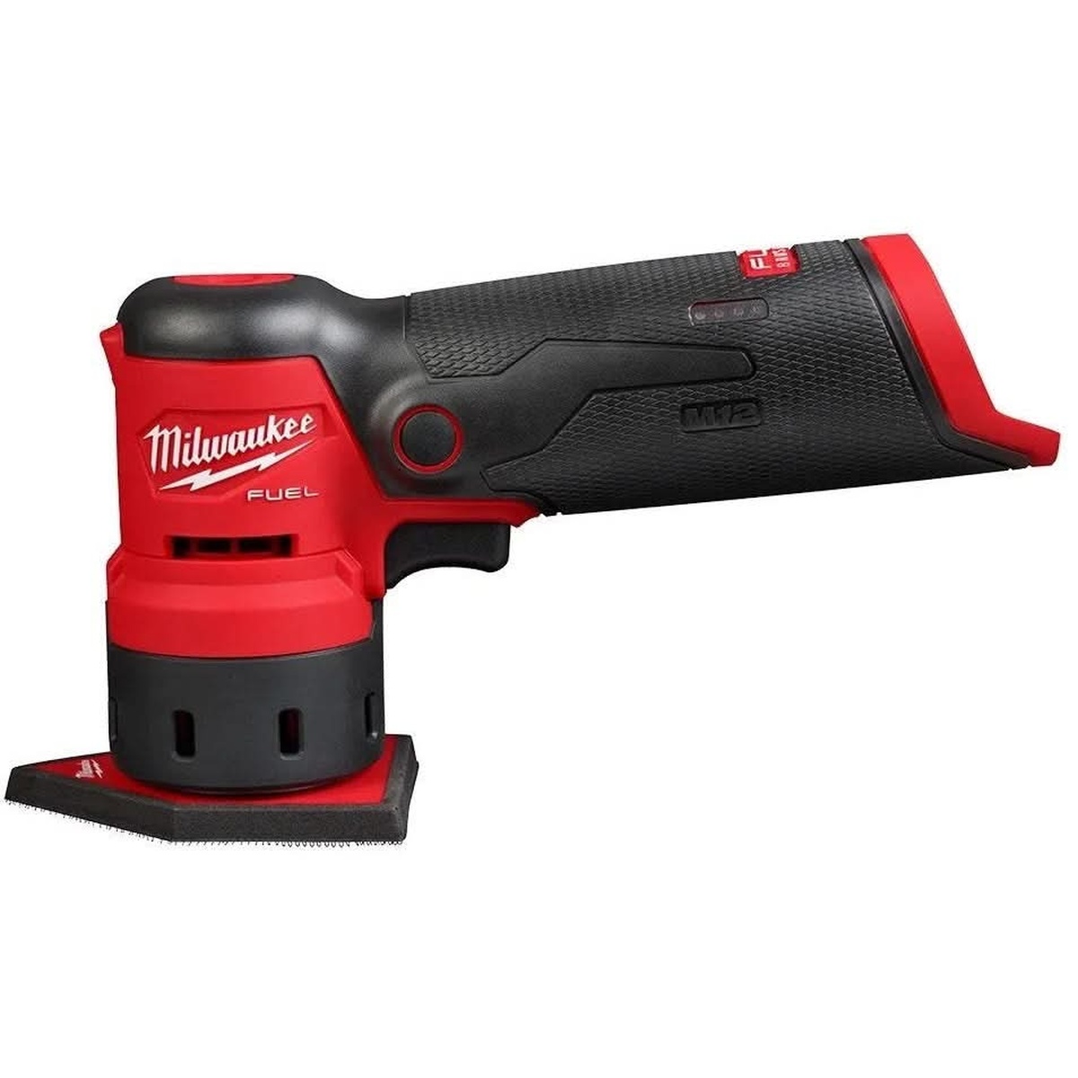 Milwaukee M12 FUEL Orbital Detail Sander side profile showing the pointed sanding pad used for detail sanding in corners, trim, and tight finish-work areas