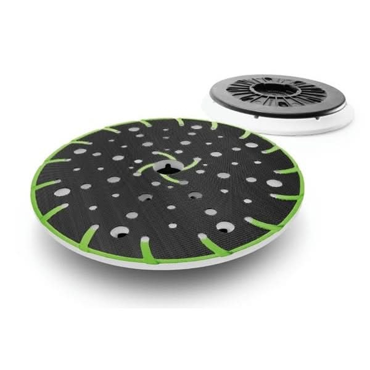 Festool Multi JetStream2 150mm (6") Soft Pad (1-Pack), Super-Soft Pad (1-Pack), and Hard Pad (1-Pack) for Rotex RO 150 FEQ Sander close-up showing the Multi-Jetstream2 hole pattern used to improve dust extraction during sanding