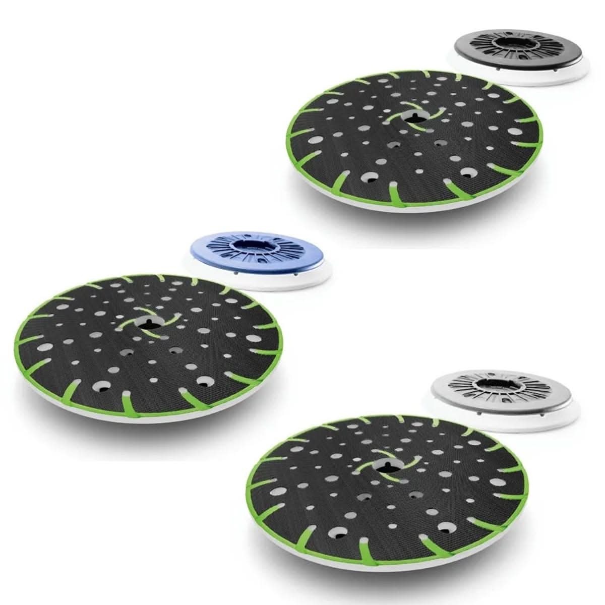 Festool Multi JetStream2 150mm (6") Soft Pad (1-Pack), Super-Soft Pad (1-Pack), and Hard Pad (1-Pack) for Rotex RO 150 FEQ Sander shown as a three-pad set on a clean background for sanding flat panels, edges, and contoured work