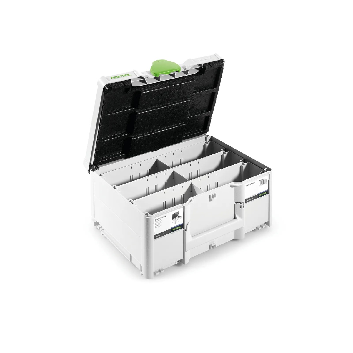 Festool 576793 Empty Domino Tenon Systainer3 open with divided storage bins for organizing DOMINO tenons in a workshop storage setup