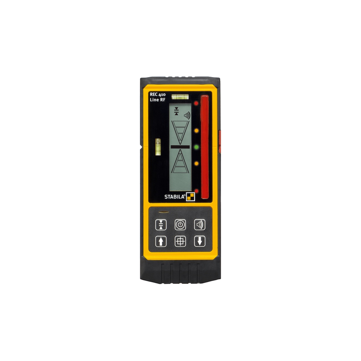 Stabila REC 410 Line RF Receiver for LA180L showing the front digital display and LED guidance indicators