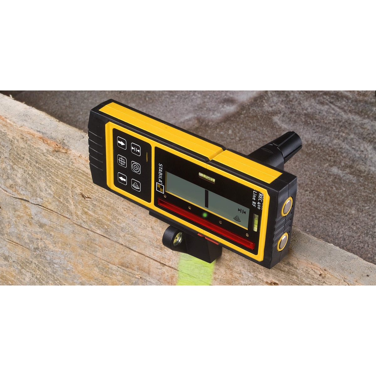 Stabila REC 410 Line RF Receiver for LA180L mounted on a holder for fine alignment control on a jobsite