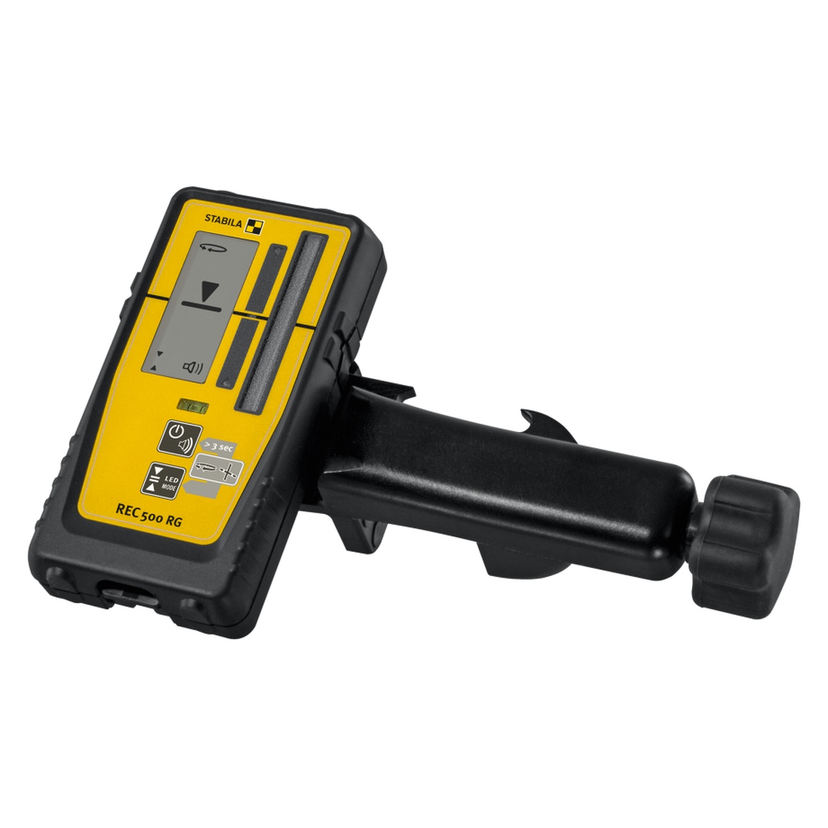 Stabila REC 500 RG Universal Rotary and Line Laser Receiver with bracket attached for mounting to a leveling rod or jobsite setup