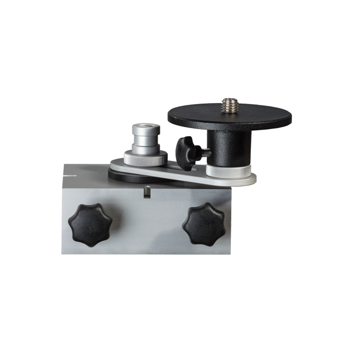 Stabila 07410 Laser Mount for Batter Boards and Forms close-up showing the metal holder, rotary plate, and guide rail