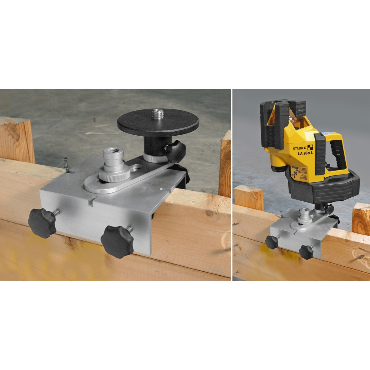 Stabila 07410 Laser Mount for Batter Boards and Forms installed on a wooden batter board with a laser mounted for precise alignment