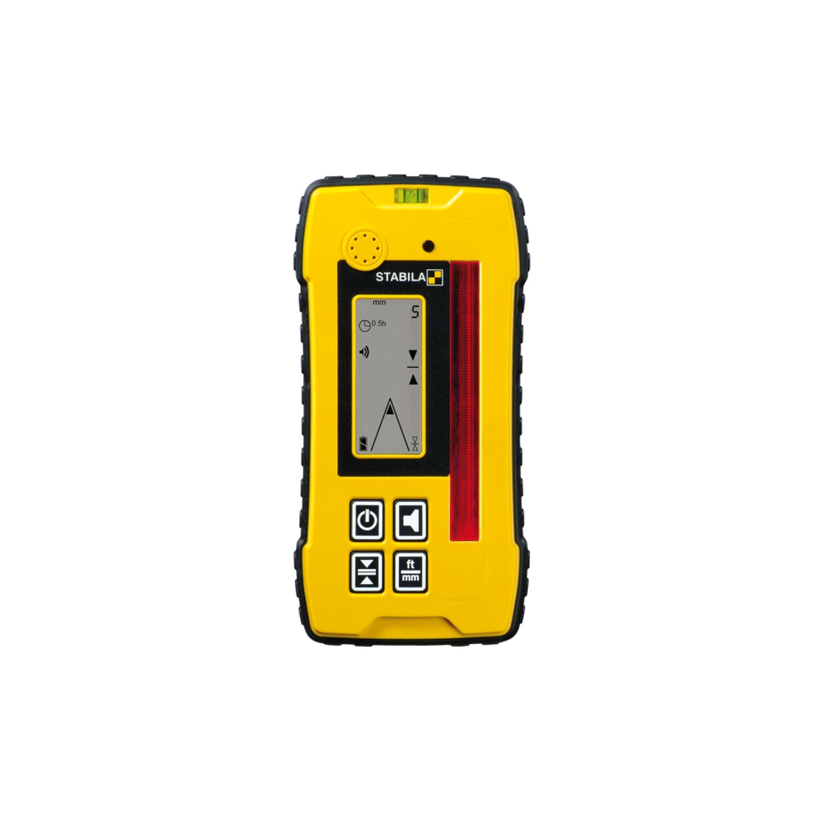 Front view of the Stabila REC 300 Digital Receiver showing the display, bubble vial, detection window, and control buttons