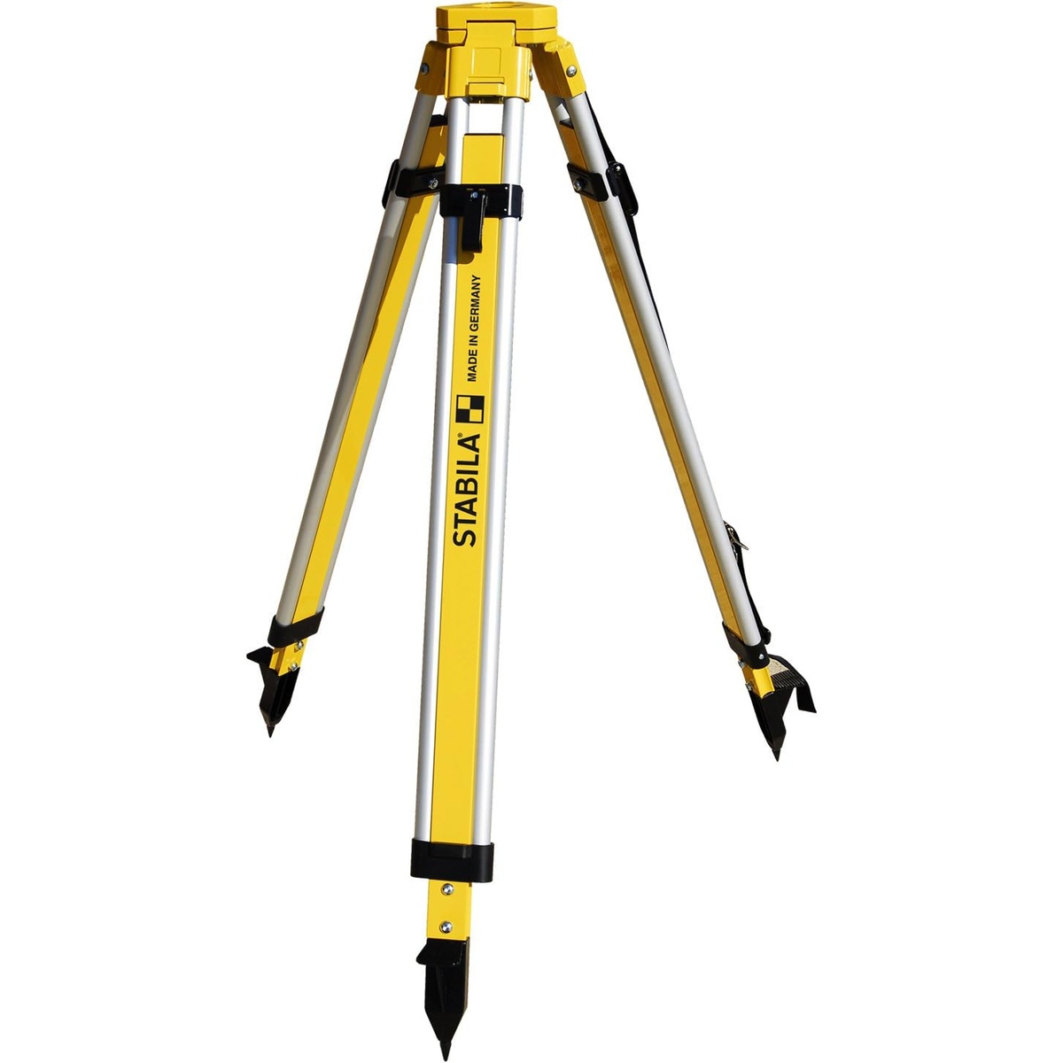 Stabila 07498 Fixed Head Construction Tripod shown fully extended on white background, displaying aluminum legs with ground points, yellow finish, and Made in Germany label