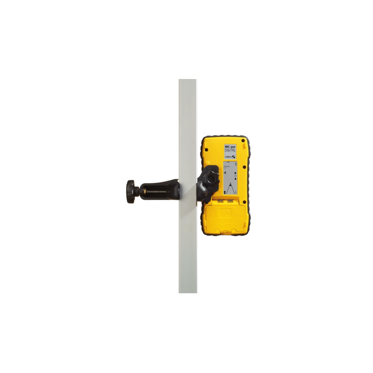 Stabila 07530 Receiver Bracket holding a Stabila REC 300 rotating laser receiver on a measuring rod for clear viewing