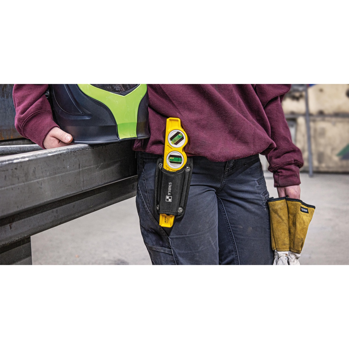 Stabila 30003 Cordura Torpedo Level Holster holding a torpedo level on a worker belt during shop and jobsite use