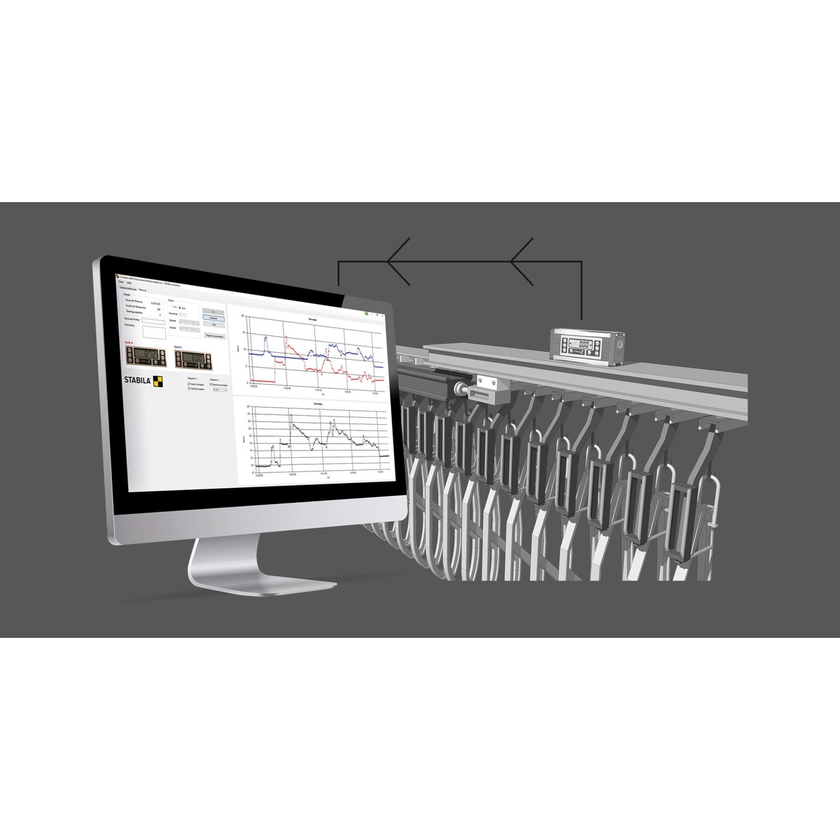 Stabila 36100 Electronic Level connected to computer software for angle measurement recording and analysis in a shop or inspection setup