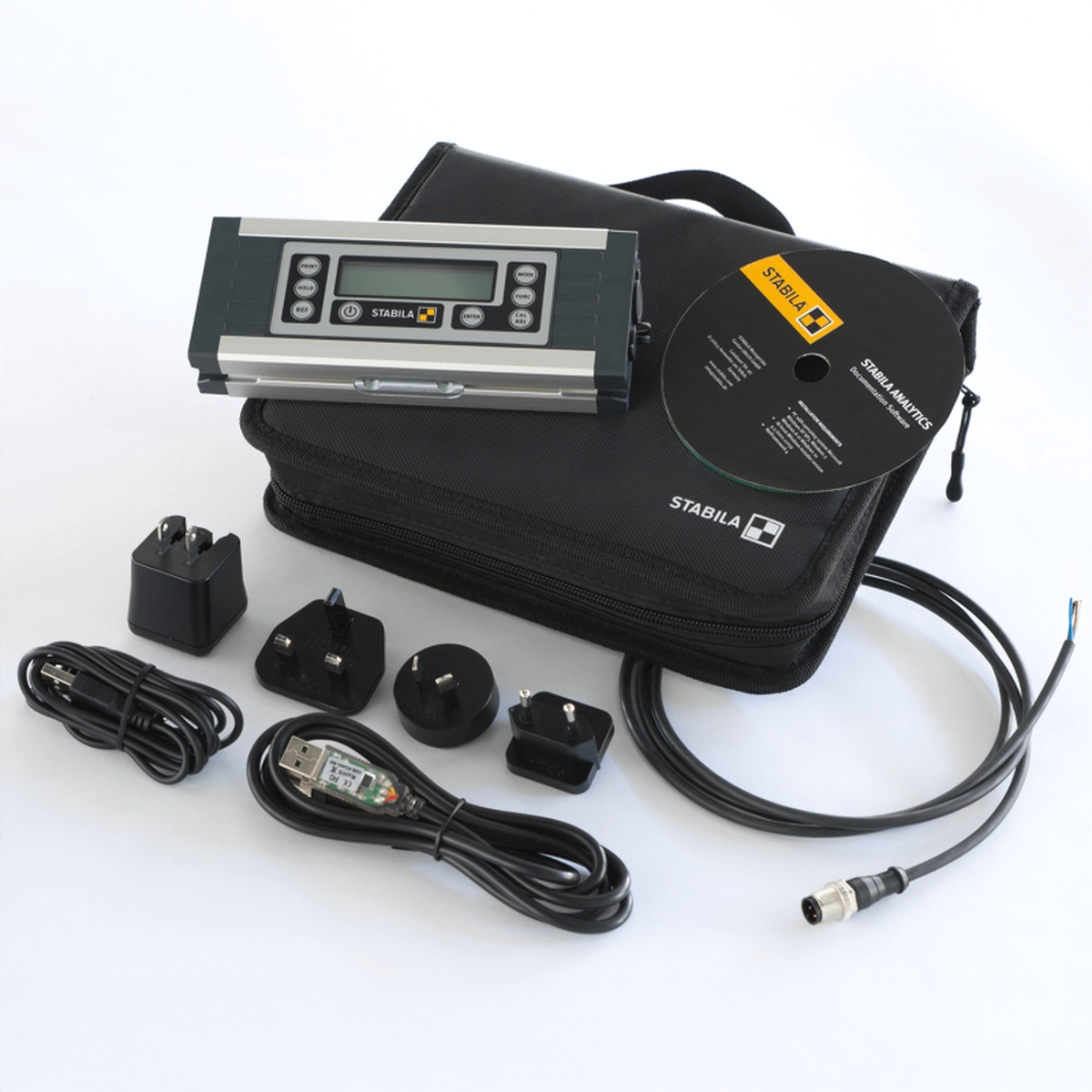 Stabila 36100 Electronic Level kit with storage case, software disc, cables, and plug adapters laid out for setup and transport