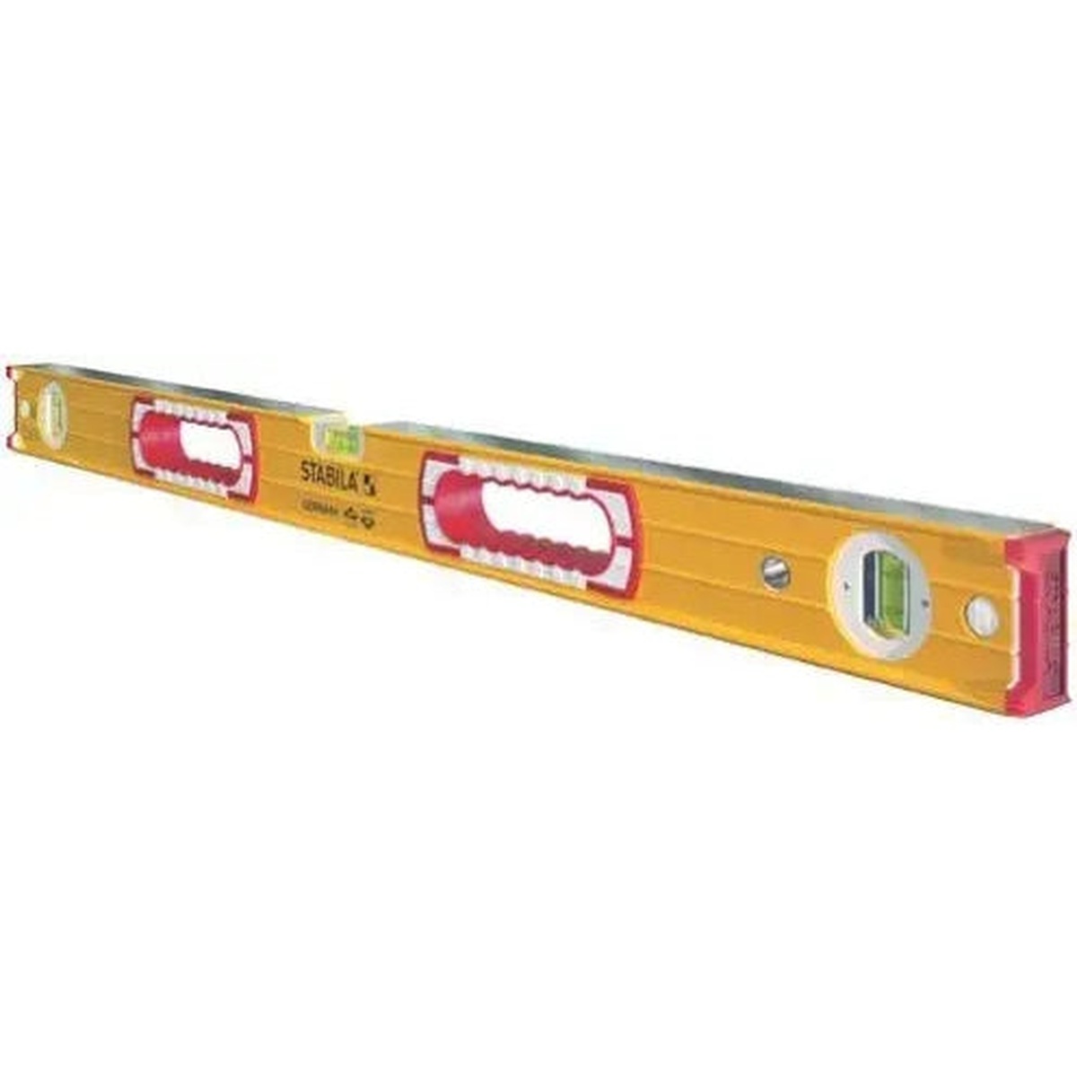 Stabila 37459 Type 196 Heavy Duty Level 59 inch product view showing the box beam frame, hand holds, and vials for leveling and plumb work on finish and framing jobs