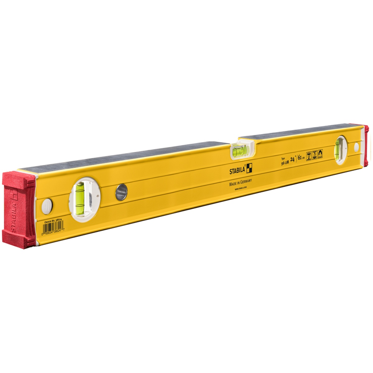 Stabila 38616 Type 96M Heavy Duty Magnetic Level close-up product view showing aluminum box-beam frame, vials, and removable end caps for layout work