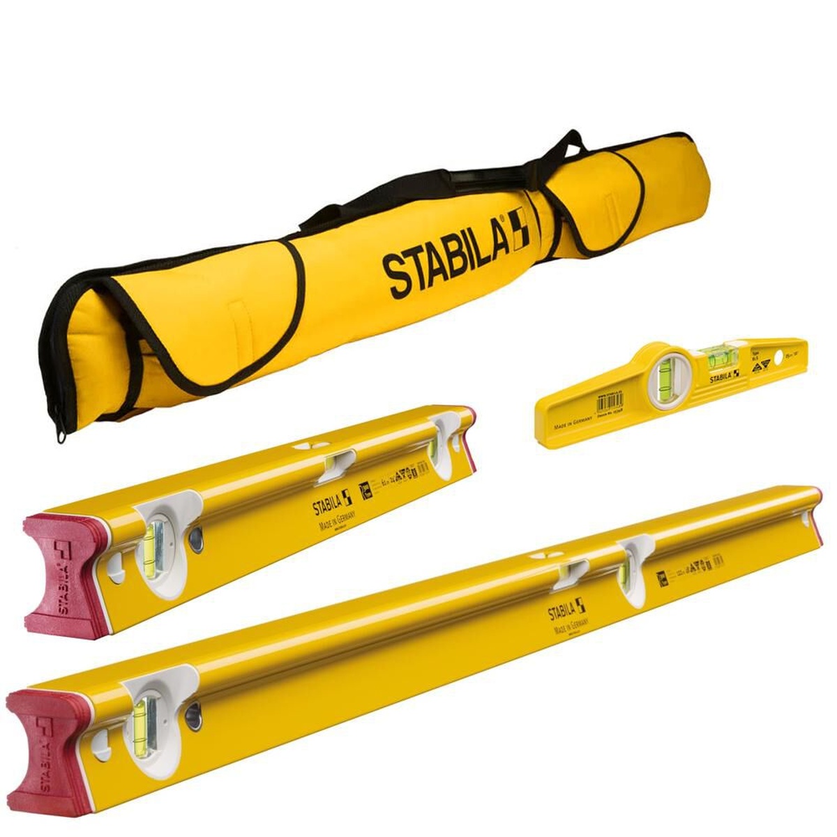 Stabila 48415 spirit level set with three yellow levels and carrying bag shown for jobsite layout, leveling, and plumb checks
