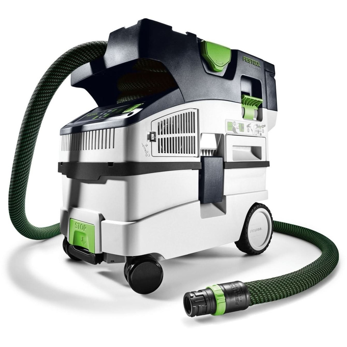 Festool 577506 CTC MIDI I Cordless 18V Mobile HEPA Dust Extractor PLUS 5.2Ah Kit shown with hose attached for cordless dust extraction on a jobsite-style setup