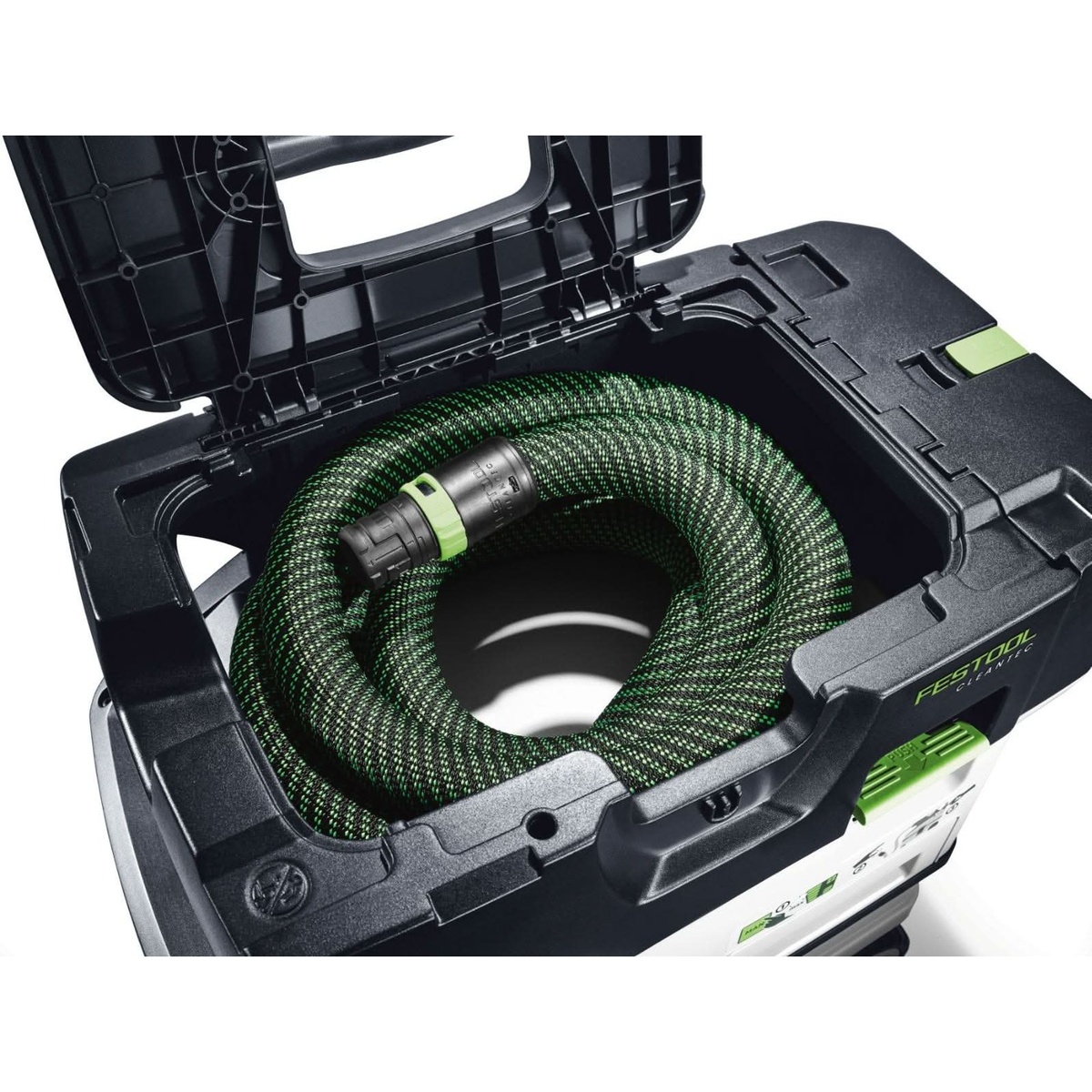 Festool mobile HEPA dust extractor with hose stored inside hose garage for clean transport between rooms and jobs