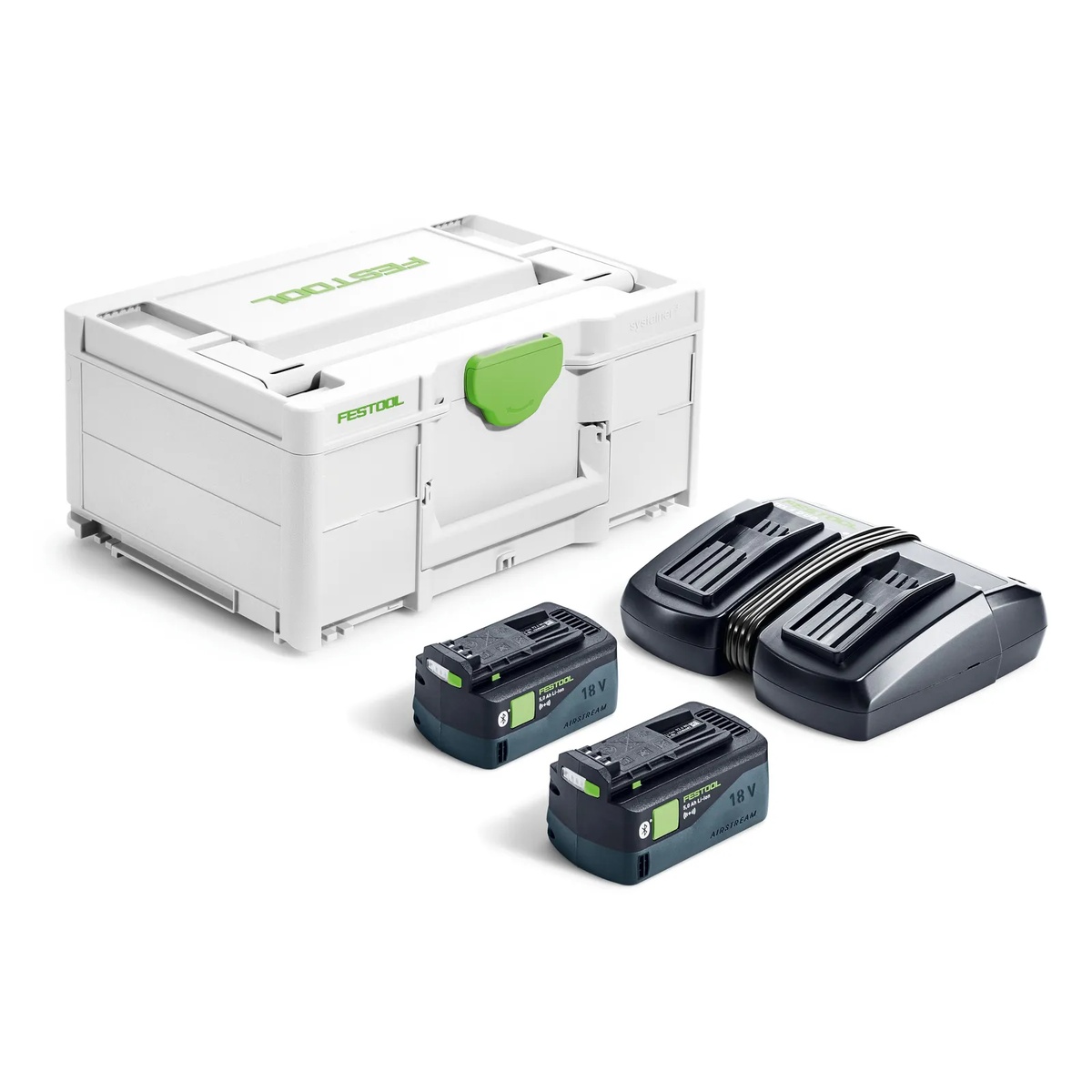 Festool 577079 Energy Set SYS 18V 2x5.0/TCL 6 DUO with Systainer3 case, dual charger, and two 18 volt battery packs on a clean background