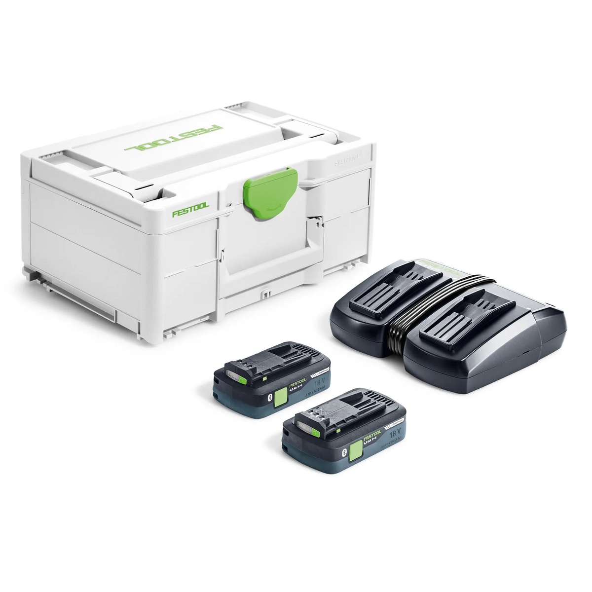 Festool 577108 Energy Set SYS 18V 2x4.0/TCL6DUO with two compact 18 volt battery packs, dual charger, and Systainer case on a clean bench