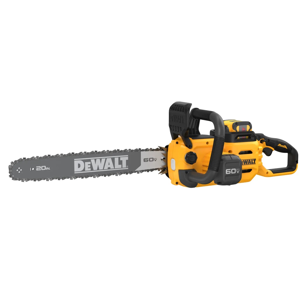 DEWALT DCCS677Z1 60V MAX 20 in. Brushless Cordless Chainsaw Kit shown in full side profile with 20 inch bar for heavy wood cutting and storm cleanup work