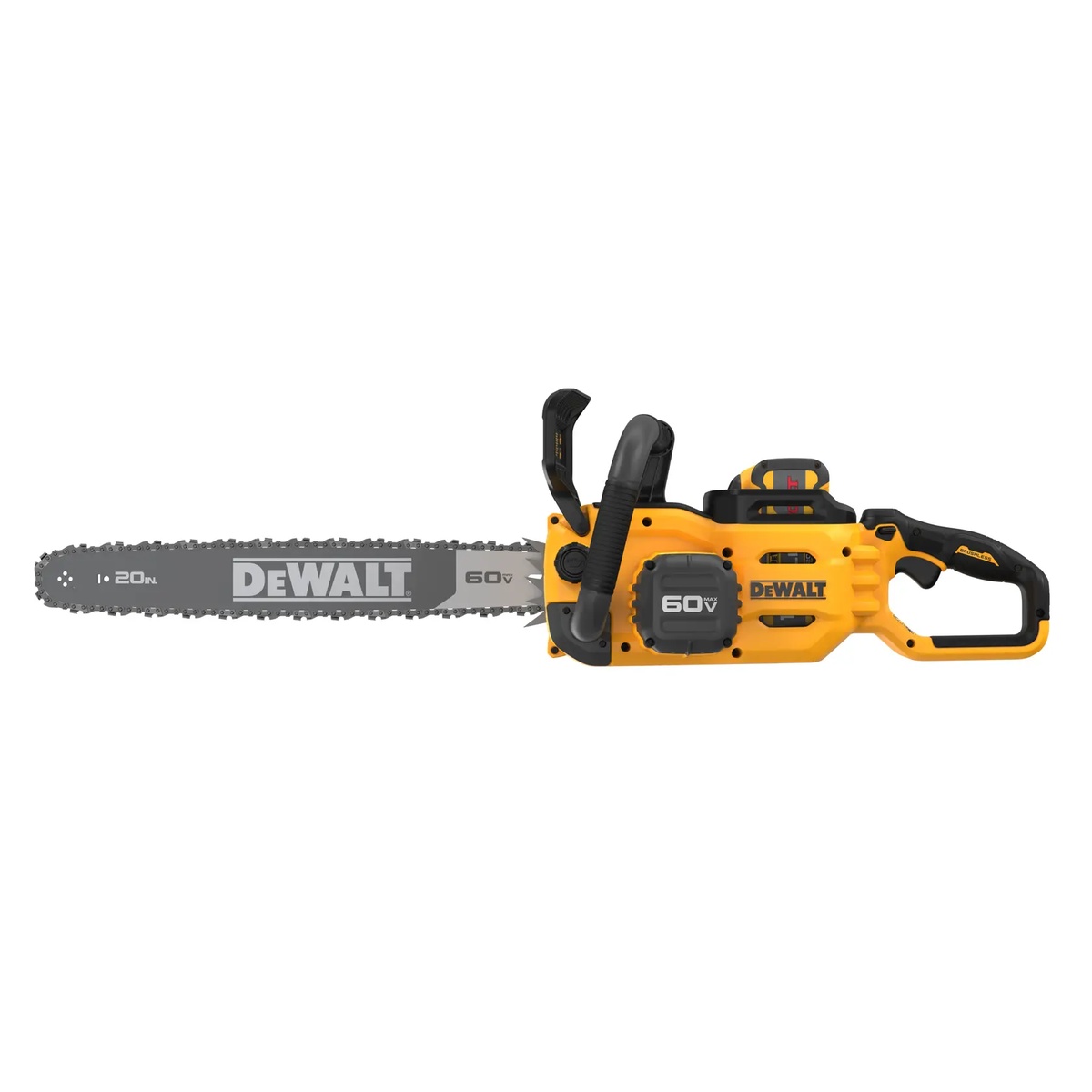 DEWALT DCCS677Z1 60V MAX 20 in. Brushless Cordless Chainsaw Kit side view showing battery placement and body design for cordless tree cutting and firewood processing