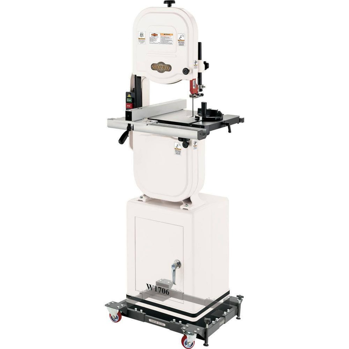 Shop Fox D2057A Adjustable Mobile Base - Heavy-Duty supporting a Shop Fox bandsaw in a workshop to show mobile machine handling and stability
