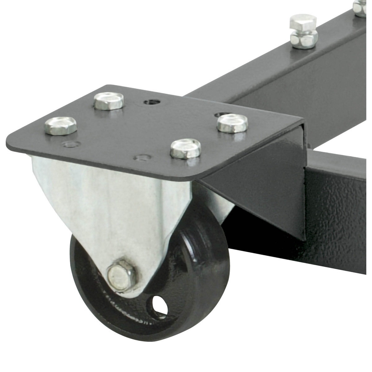 Close-up of the Shop Fox D2058A Adjustable Mobile Base caster and steel frame hardware showing the heavy-duty wheel assembly