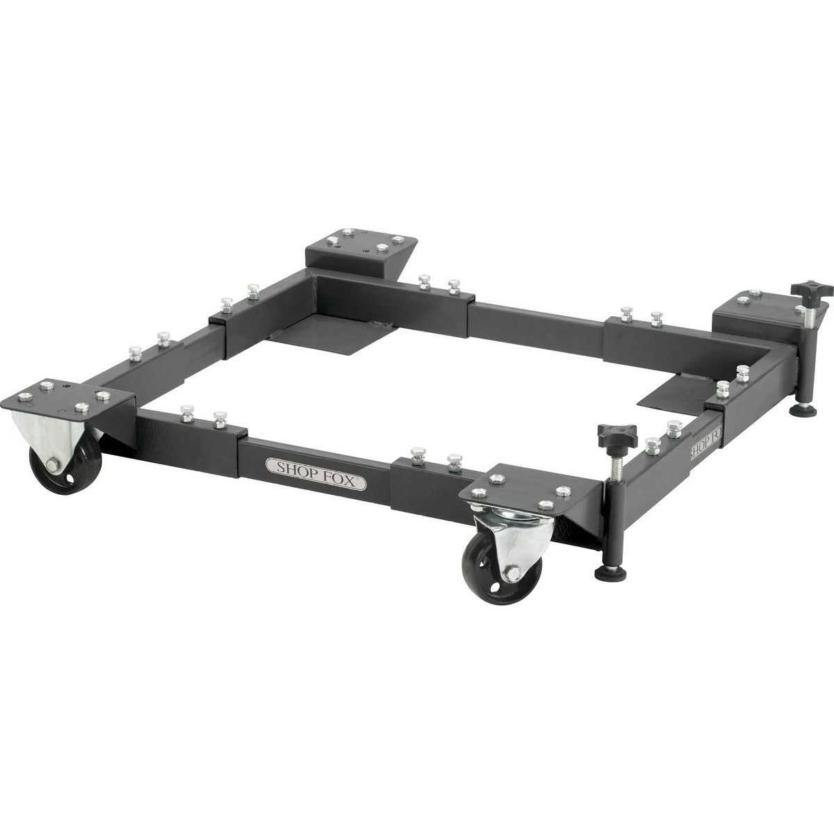Shop Fox D2058A Adjustable Mobile Base shown without a machine installed to highlight the adjustable steel frame for fitting different stationary tool footprints