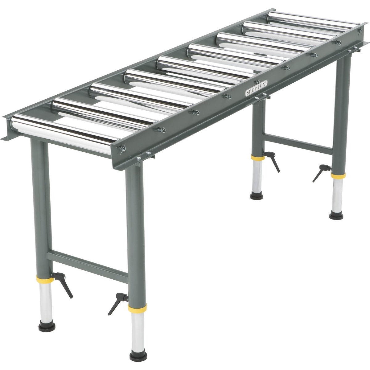 Shop Fox D2271 Heavy-Duty 9 Roller Table close view of the nine ball-bearing rollers and steel frame