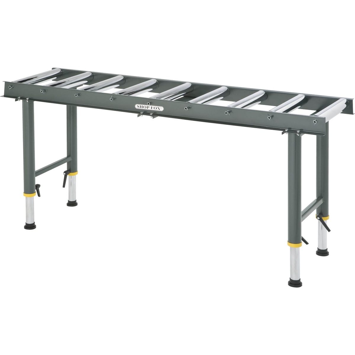 Shop Fox D2271 Heavy-Duty 9 Roller Table showing adjustable legs and long roller surface on a clean shop background