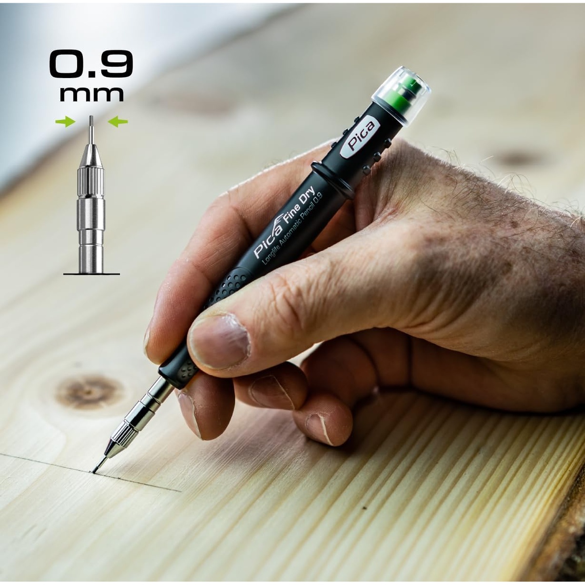 Pica Fine Dry 7070 Longlife Automatic Pencil, 0.9 making a precise layout line on a wood board during carpentry work
