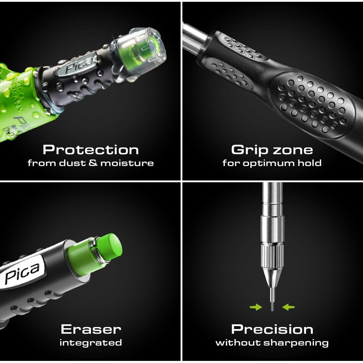 Pica Fine Dry 7070 Longlife Automatic Pencil, 0.9 feature close-up showing dust protection grip zone eraser and precision tip