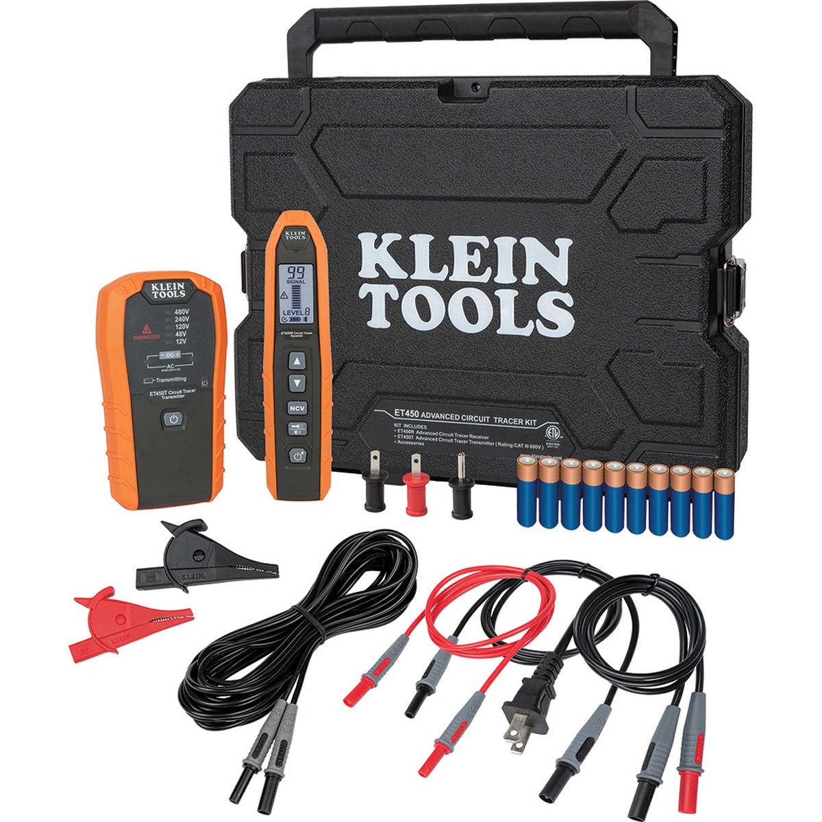 Klein Tools ET450 Advanced Electrical Circuit Breaker Finder and Wire Tracer Kit and Case with transmitter receiver leads batteries and hard carrying case on a clean background