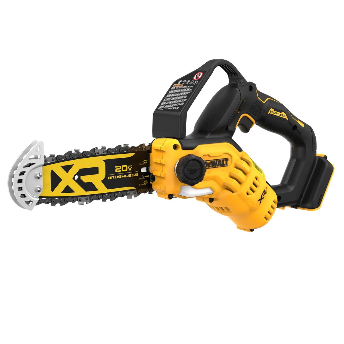 DEWALT DCCS623B pruning chainsaw clean product view showing compact cordless design and front handle for controlled trimming