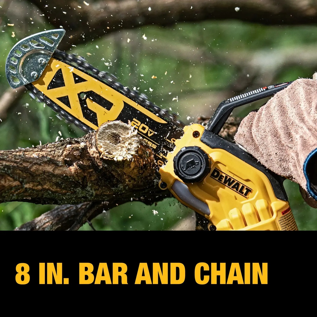 DEWALT DCCS623B 20V MAX 8 in. Brushless Cordless Pruning Chainsaw cutting through a tree branch outdoors during pruning work