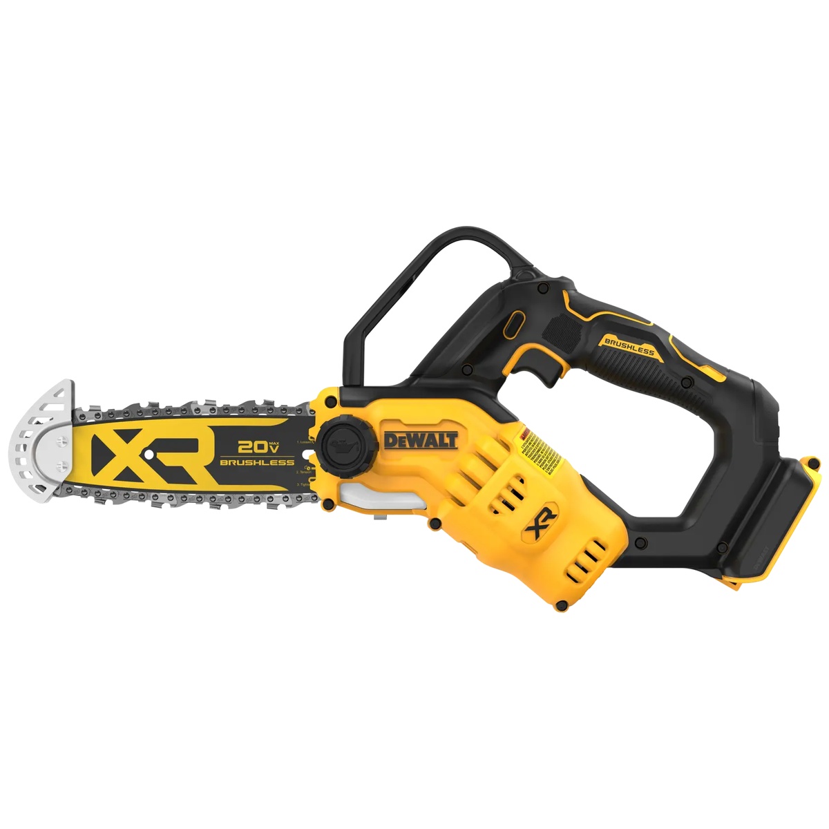 DEWALT DCCS623B cordless pruning chainsaw side profile showing compact motor housing, chain area, and battery interface