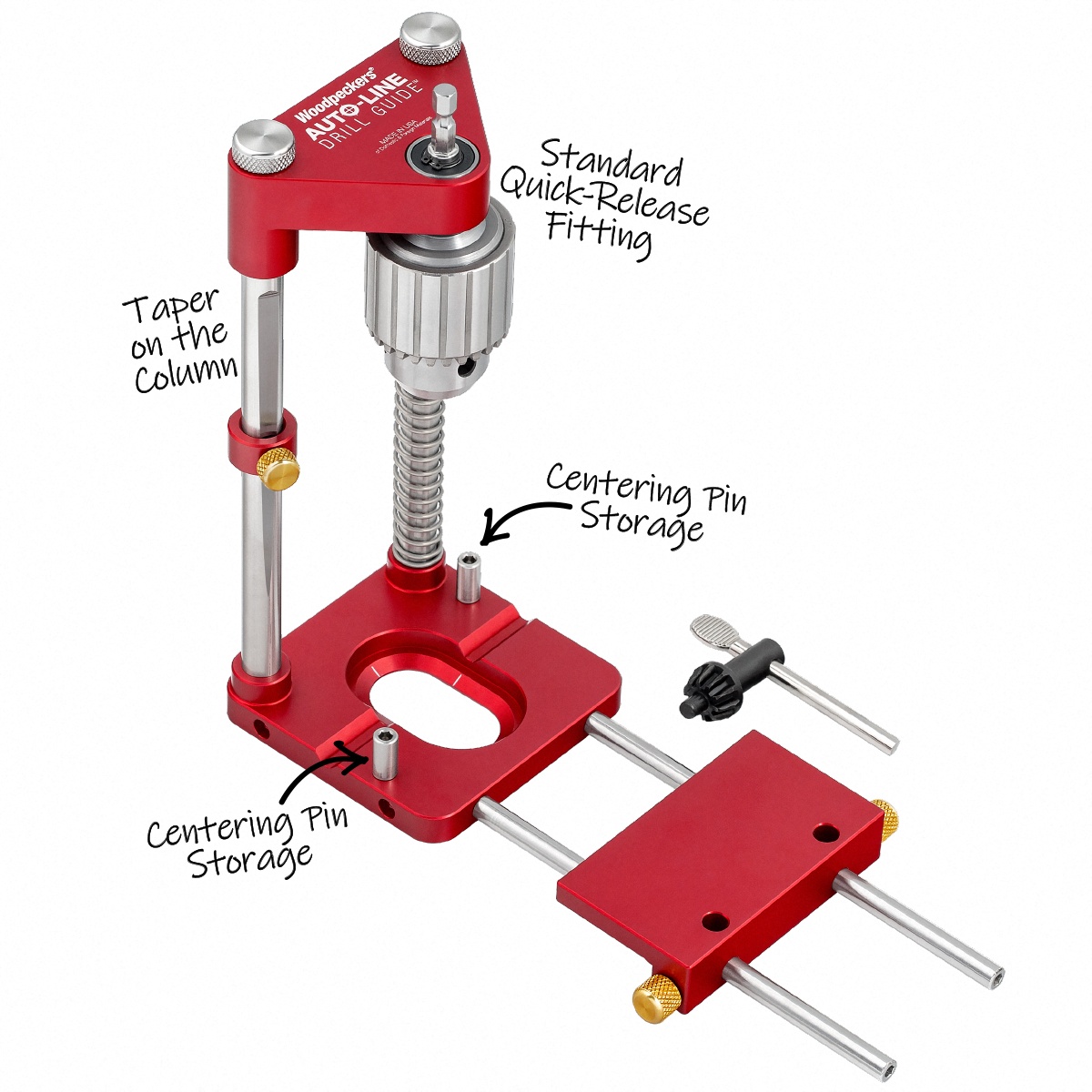 Woodpeckers ALDG-21 Auto-Line Drill Guide showing standard quick-release fitting, tapered column, and centering pin storage on a clean background