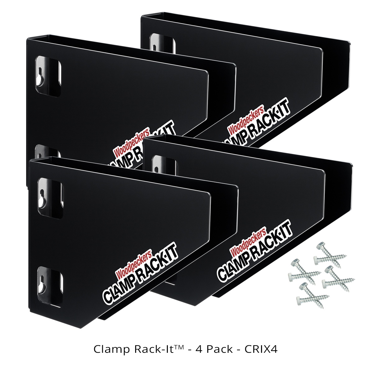 Woodpeckers CRIS-32 Clamp Rack-It System clamp storage organizer showing multiple steel rack sections and mounting hardware for wall-mounted woodworking clamp storage in a shop