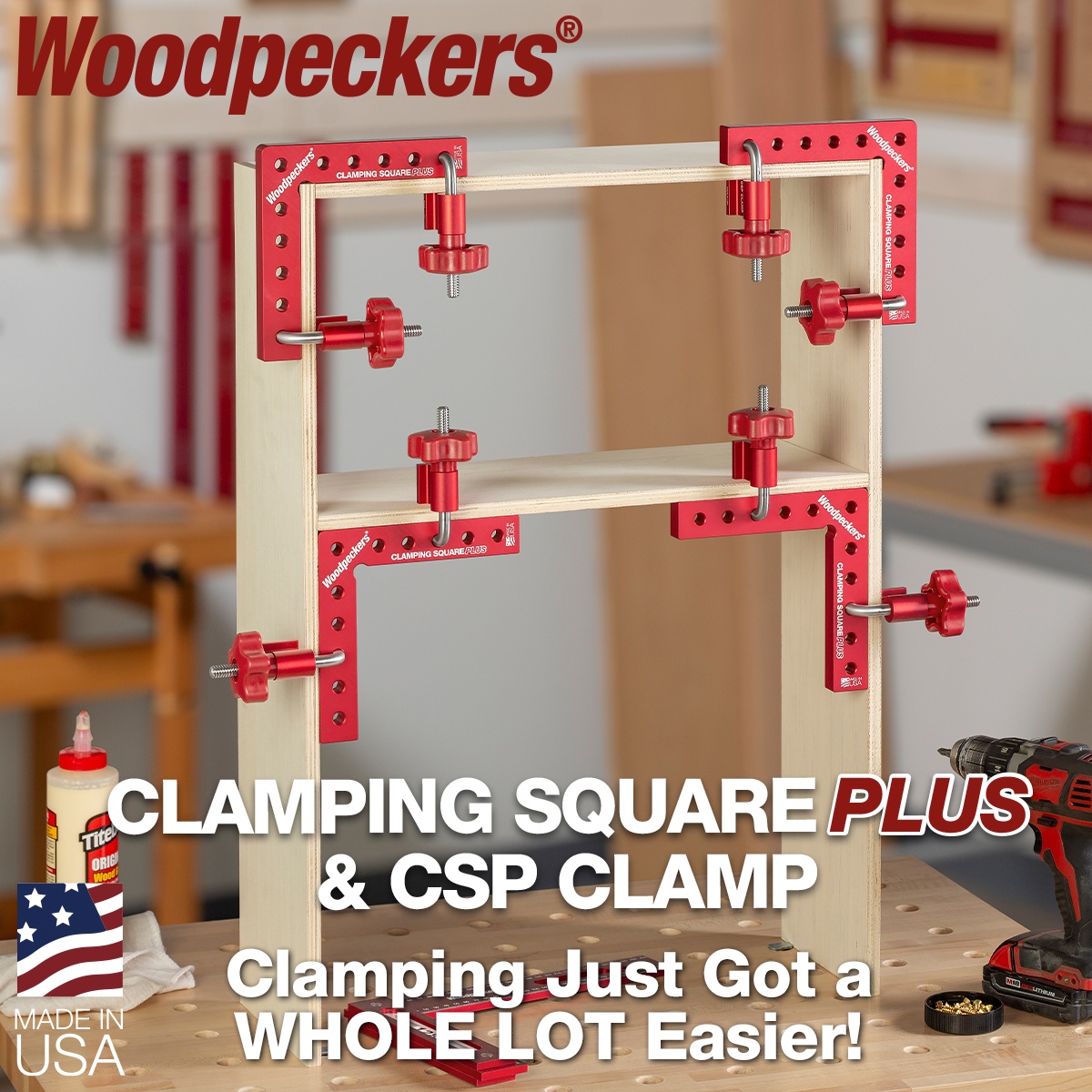 Woodpeckers CSPC2 CSP Clamps and Clamping Square Plus holding a large panel project aligned for fastening