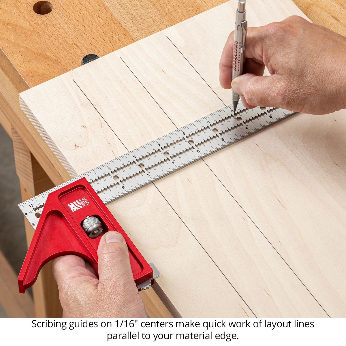 Woodpeckers in-DEXABLE Double Square Standard marking parallel layout lines on a wood panel at a workbench using the blade scribing guides