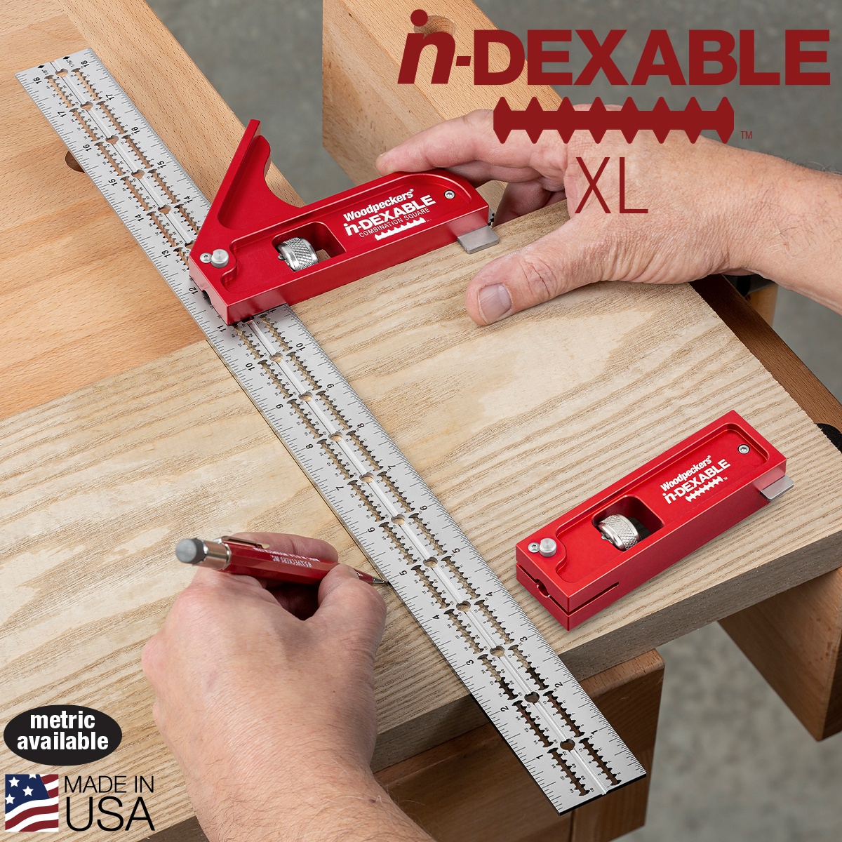 Woodpeckers CSQ-XL-20 in-DEXABLE Combo Square XL - 18 in. Blade scribing a parallel layout line on plywood using the laser-cut scribing guides