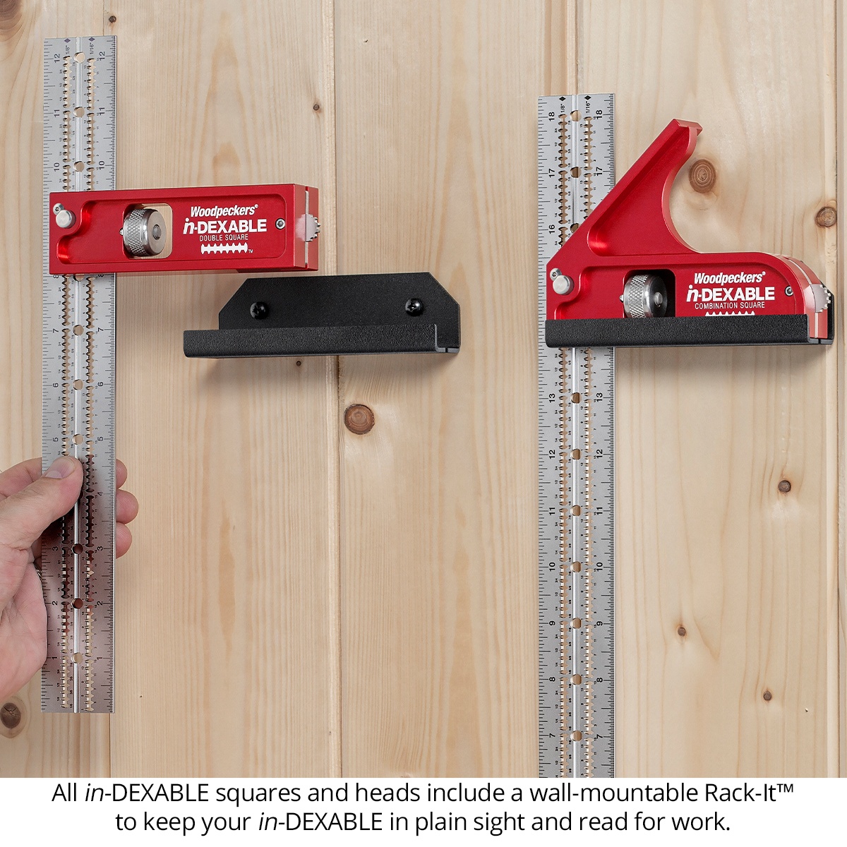 Woodpeckers in-DEXABLE squares stored on a wall using the Rack-It mount, keeping the tools protected and ready
