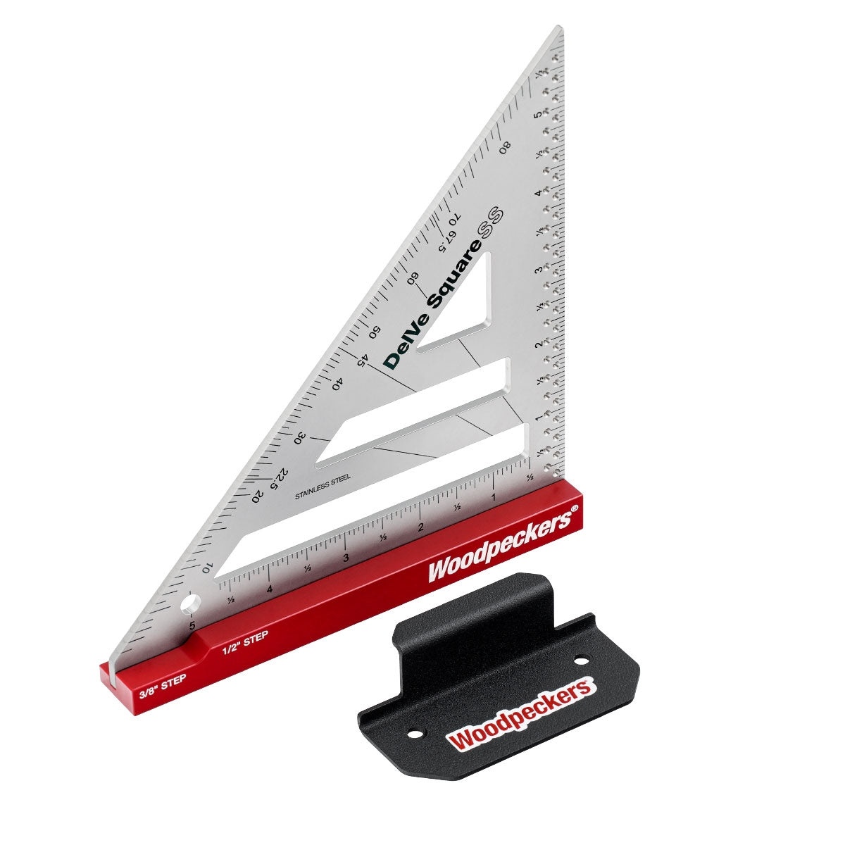 Woodpeckers DelVe Square SS layout square shown on a clean background with engraved scales, stainless steel body, and stepped base for woodworking layout and angle marking