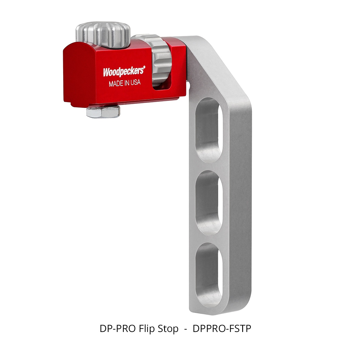 Woodpeckers DPPRO-FSTP DP-PRO Flip Stop product view showing the compact flip stop accessory used for drill press fence stop control in a woodworking shop