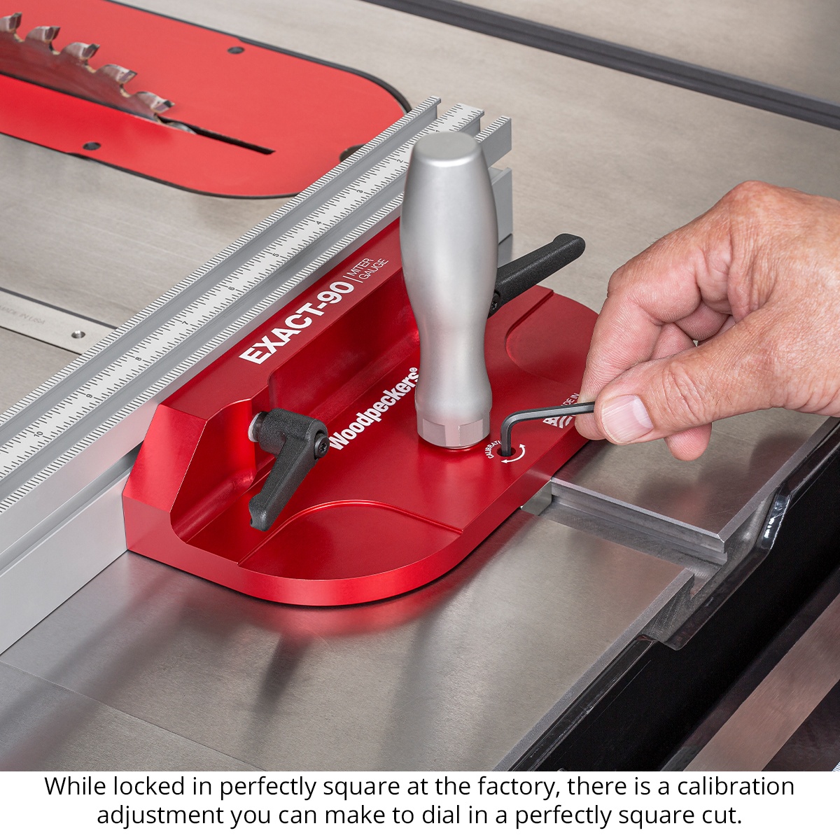 Woodpeckers EXACT-90 Miter Gauge mounted on a table saw with a user making a calibration adjustment for square crosscuts in a woodworking shop