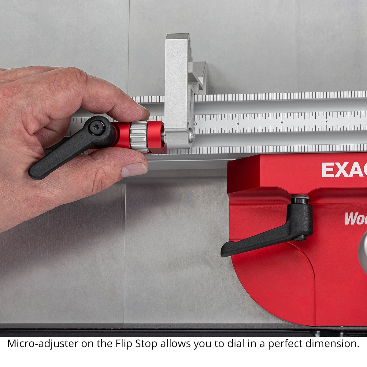 Woodpeckers EXACT-90 Miter Gauge flip stop close-up showing micro-adjustment for repeat cuts on table saw stock in a woodworking setup
