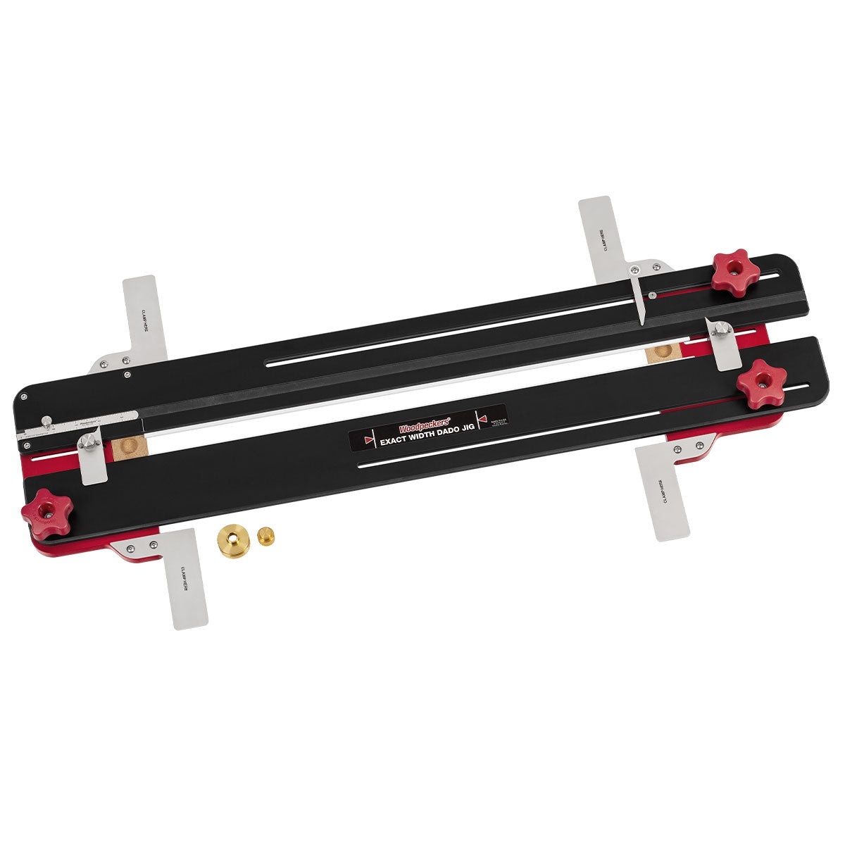Woodpeckers EWDJ-24-20 Exact Width Dado Jig on a bench showing adjustable rails and stops for routing exact-width dado joinery
