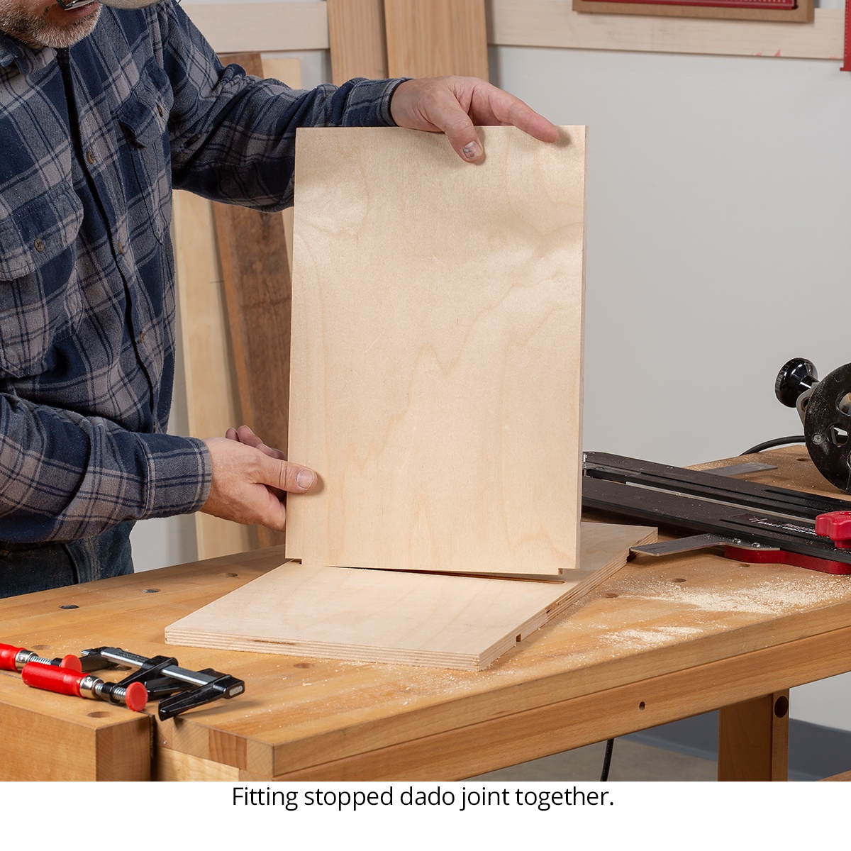 Woodpeckers EWDJ-32-20 Exact Width Dado Jig producing a snug plywood dado joint during cabinet and casework assembly